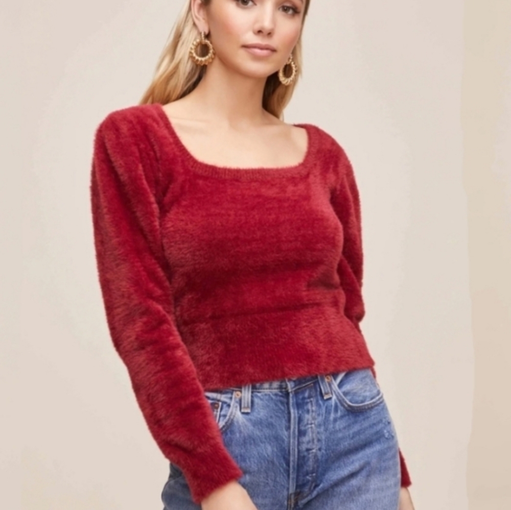 Cozy Fuzzy Square-Neck Sweater - Red